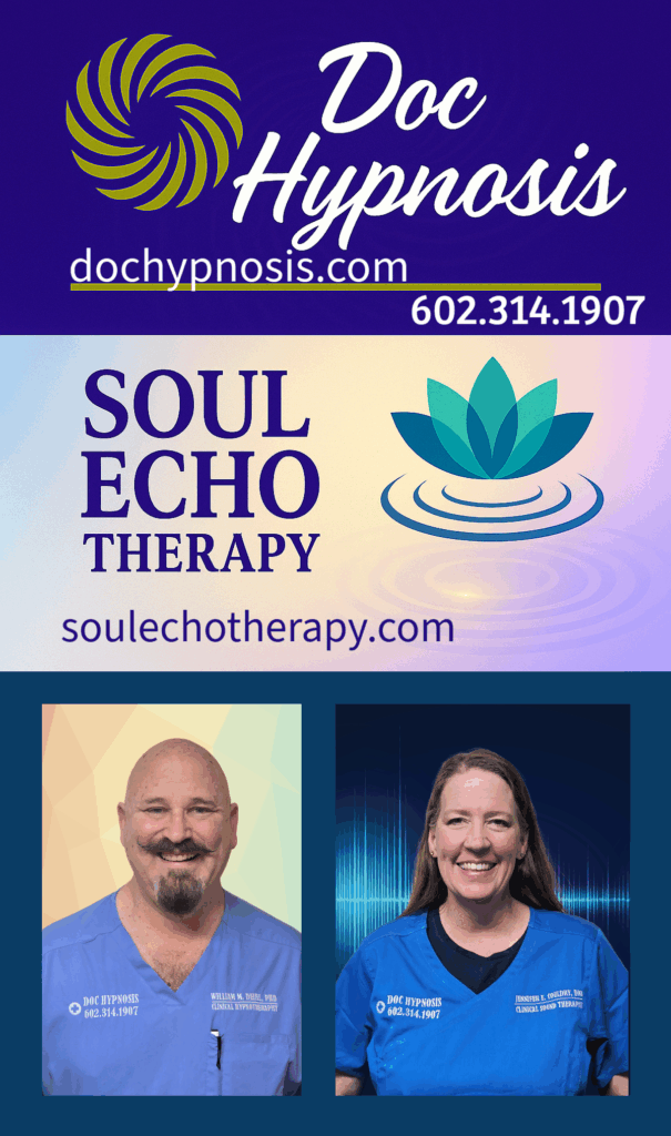 Logo for Doc Hypnosis and website, Logo for Soul Echo Therapy and website. Small photos at the bottom of Dr. Deihl and Dr. Couldry.