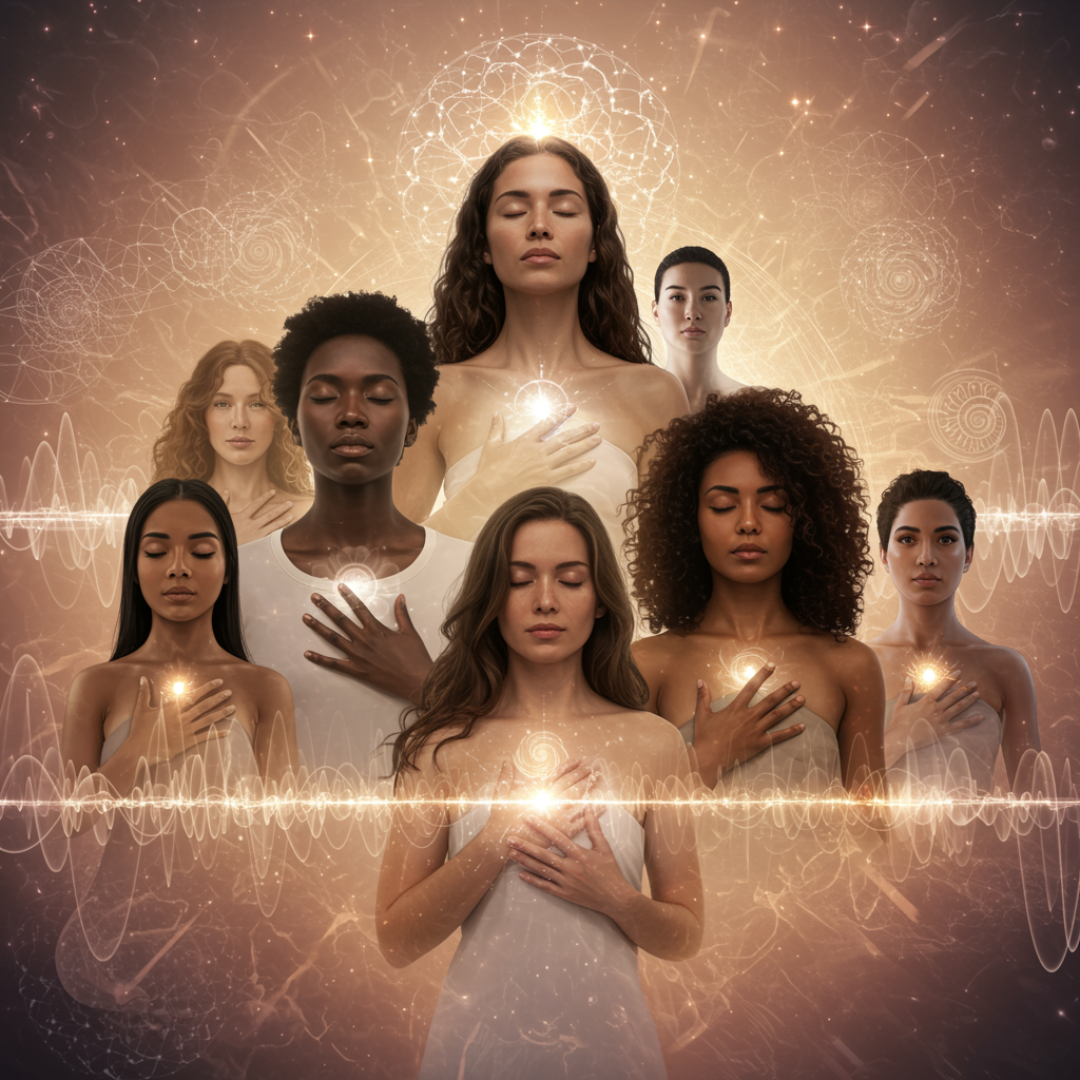AI generated photo multiple women in a circle layout, multiple ethnicities and ages, glowing energy in their hearts and around their heads.