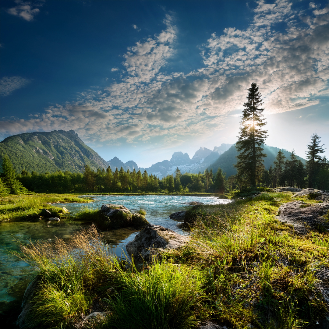 Nature image, trees, and a lake, beautful green and lovely sky