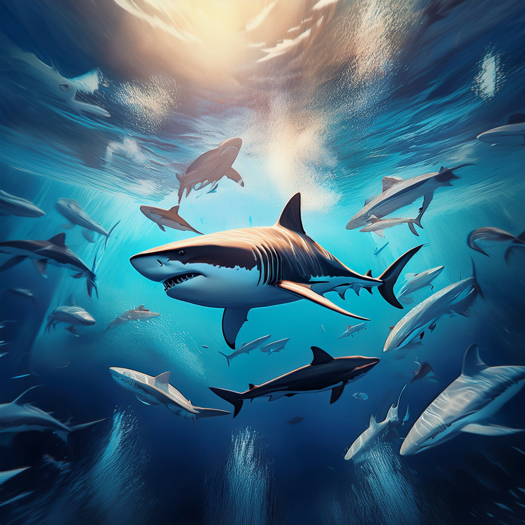graphic of sharks in a circling pattern - symbolizing a hunting party
