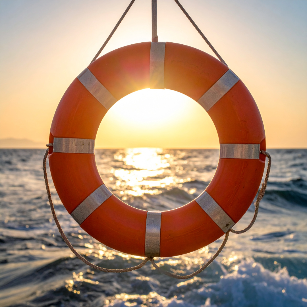 life preserver, ocean waves, sun showing through the center