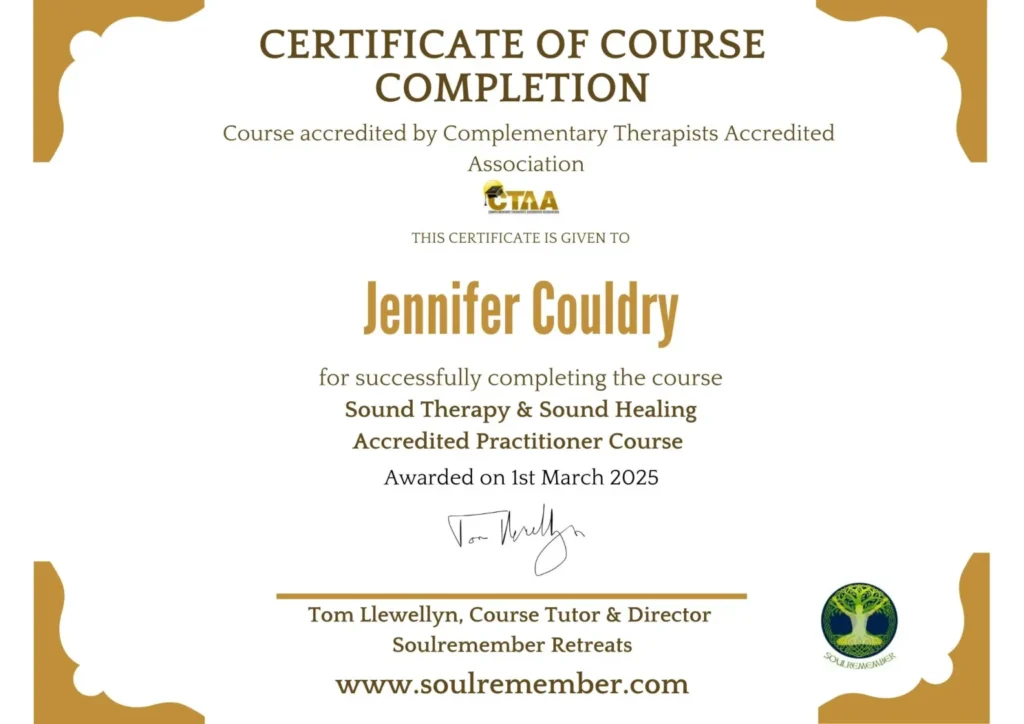 Certificate of course completion for Sound Healing