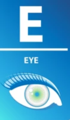 large letter E over the word eye, below that is a picture of an eye