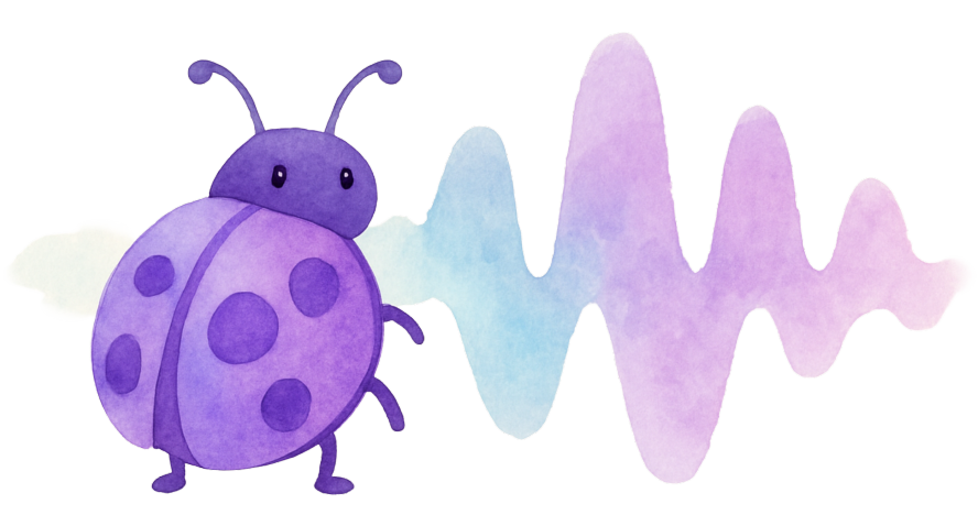 a purple ladybug with a blue and purple soundwave spreading to its right