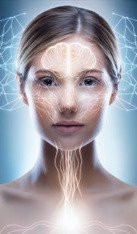 a woman's face overlaid with white lines that appear to show a brain and electrical impulses