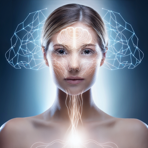 woman's head with electrical current and brain energy